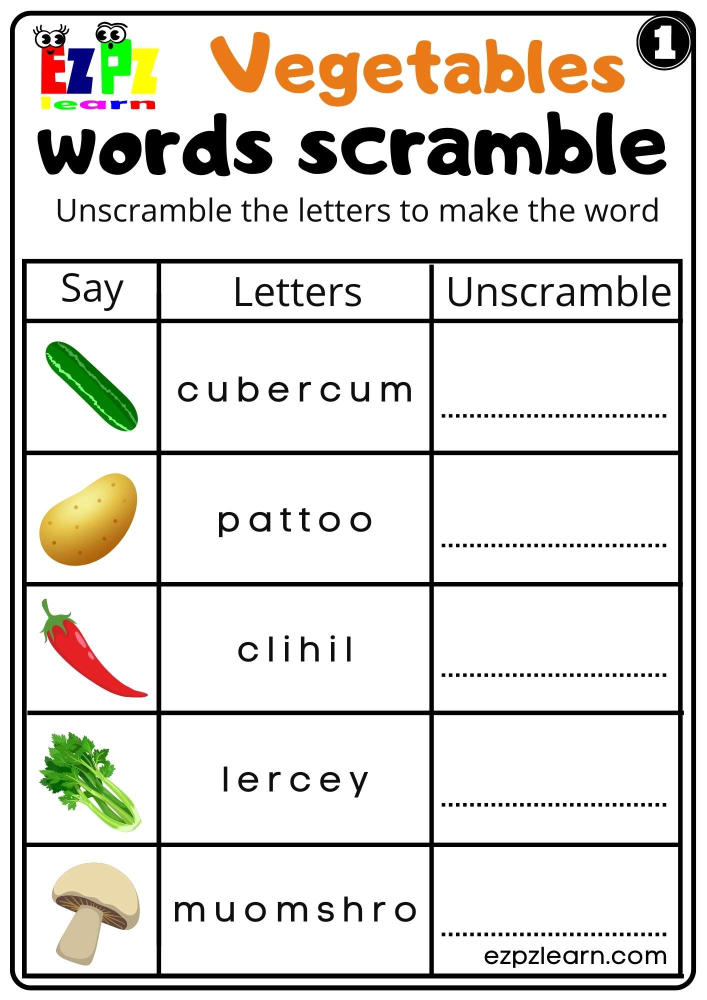 Vegetable Scramble Worksheet Answers
